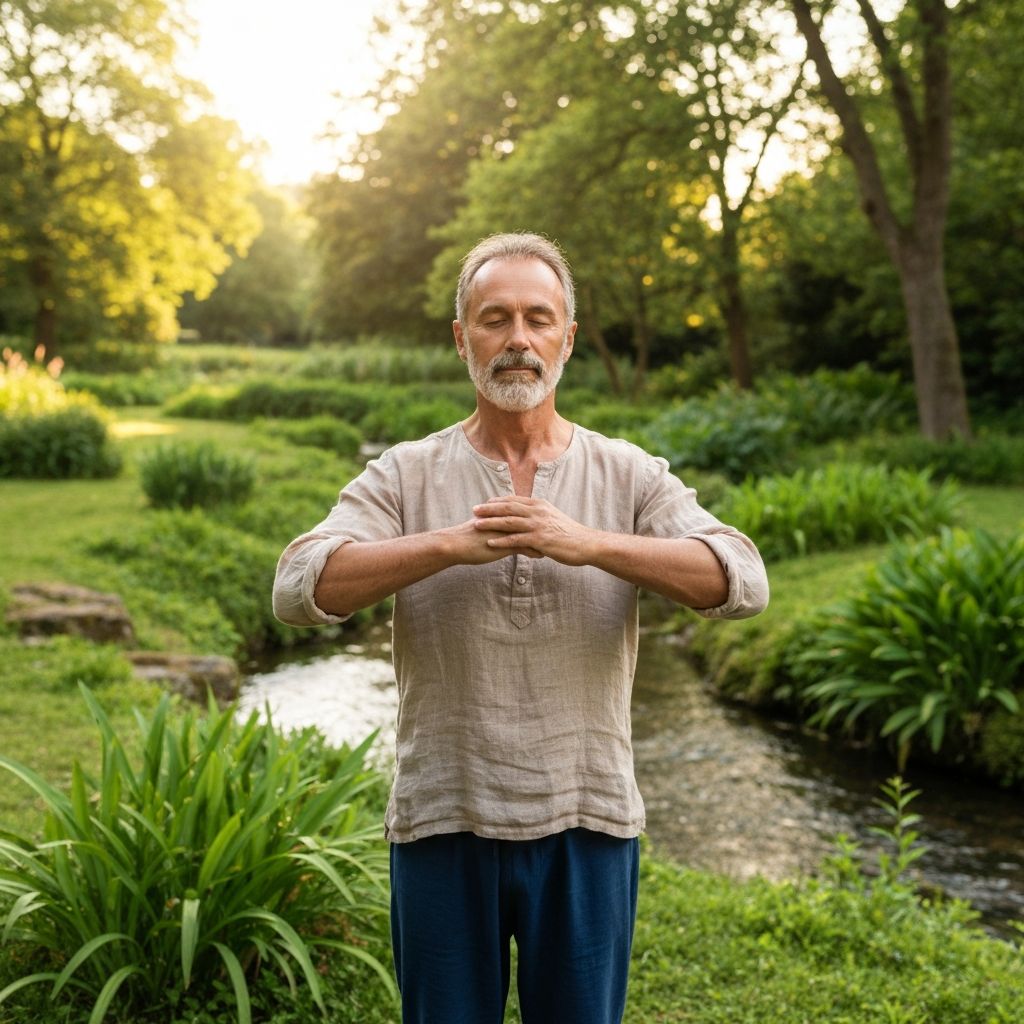 Man practicing breathing exercises outdoors